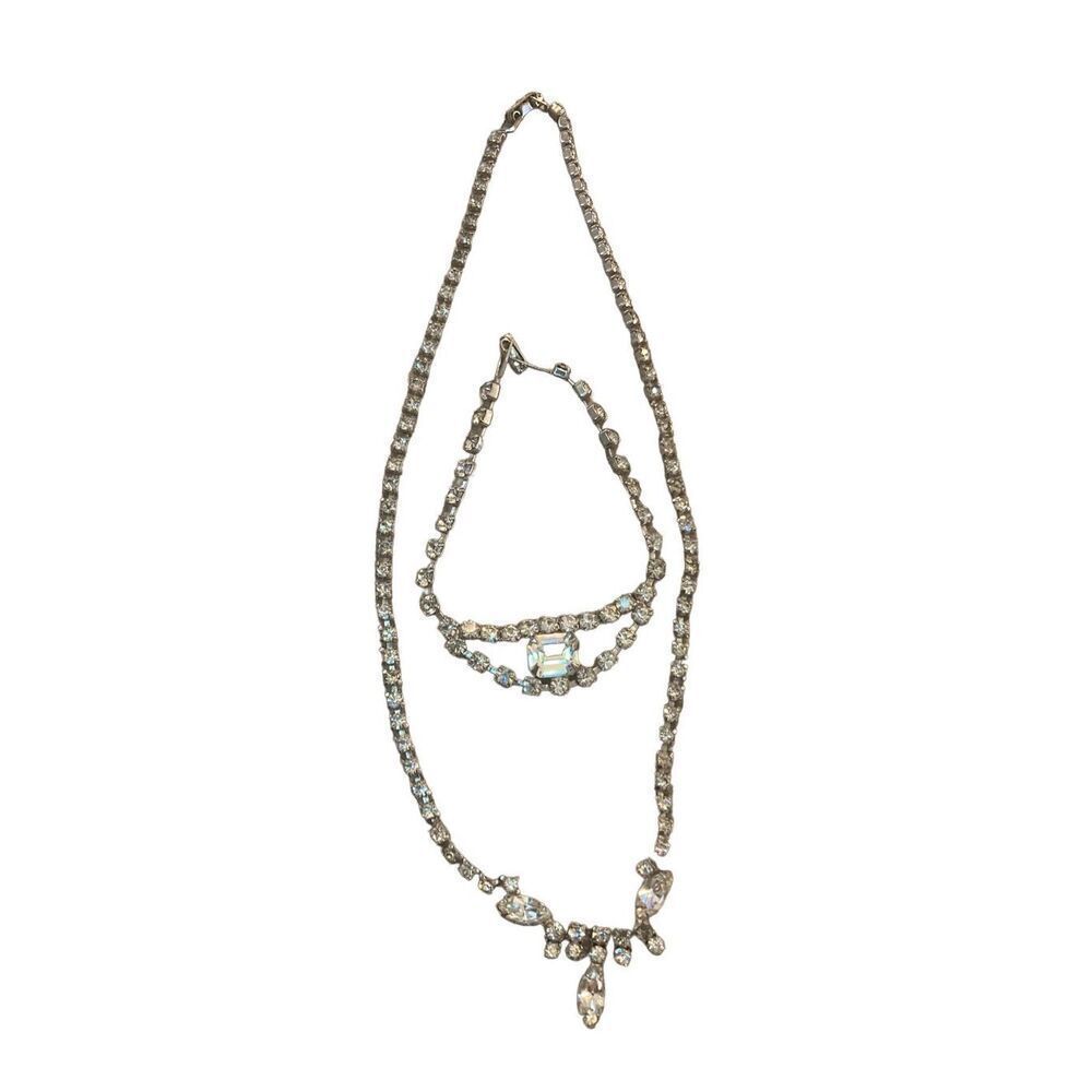 Faux Diamonds Rhinestones Silver Bracelet Necklace Set Vintage Jewelry Pendant